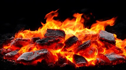 Fiery Embers Burning Bright Glowing Hot Coals Intense Flames Dark Background