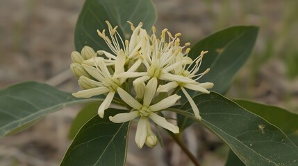 Closeup of Delicate Pale Yellow Flowers with Green Leaves