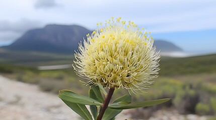 Stunning Yellow Pincushion Flower in Mountain Landscape