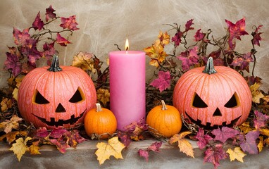 Spooky Halloween Pumpkins with Pink Candle and Autumn Leaves