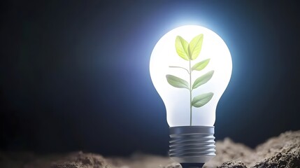 Glowing Light Bulb with Sprout Plant Inside, Sustainable Energy Concept
