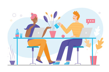 Two people working from home using laptops, sharing ideas and coffee in a modern, creative environment, perfect for teamwork, productivity, and remote office concepts vector illustration