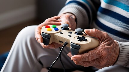 Elderly person holding a modern video game controller while seated, showcasing intergenerational technology use, gaming hobbies, and active senior lifestyle at home

