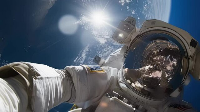Astronaut wearing a spacesuit with an american flag patch takes a series of selfies in the vast expanse of space, with the earth's curvature and the radiant sun forming a breathtaking backdrop