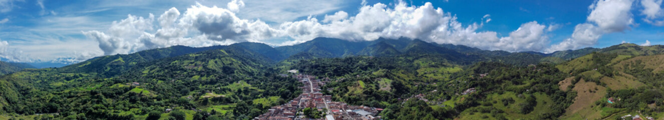 Obraz premium Ebejico, Antioquia, Colombia. May 25, 2025. Aerial view with a drone, with a temperature of 31 degrees Celsius