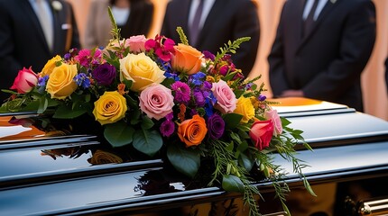 Close-up of a polished casket adorned with vibrant roses and floral arrangements during an outdoor funeral ceremony, with mourners respectfully standing in the background

