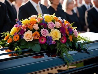 Close-up of a polished casket adorned with vibrant roses and floral arrangements during an outdoor funeral ceremony, with mourners respectfully standing in the background

