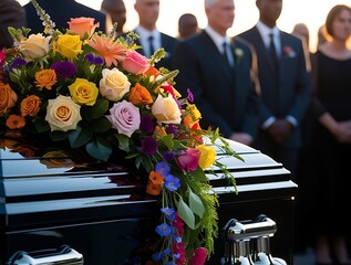 Close-up of a polished casket adorned with vibrant roses and floral arrangements during an outdoor funeral ceremony, with mourners respectfully standing in the background

