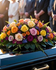 Close-up of a polished casket adorned with vibrant roses and floral arrangements during an outdoor funeral ceremony, with mourners respectfully standing in the background

