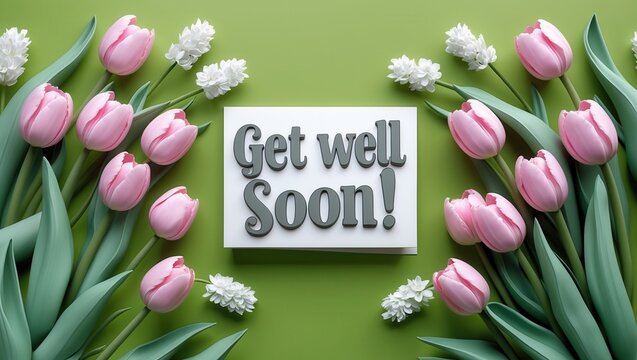 Pink tulips and white flowers surrounding a card with text "Get well Soon!" on green background