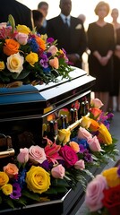Close-up of a polished casket adorned with vibrant roses and floral arrangements during an outdoor funeral ceremony, with mourners respectfully standing in the background


