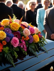 Close-up of a polished casket adorned with vibrant roses and floral arrangements during an outdoor funeral ceremony, with mourners respectfully standing in the background

