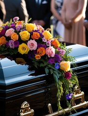Close-up of a polished casket adorned with vibrant roses and floral arrangements during an outdoor funeral ceremony, with mourners respectfully standing in the background

