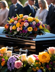 Close-up of a polished casket adorned with vibrant roses and floral arrangements during an outdoor funeral ceremony, with mourners respectfully standing in the background

