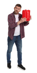 Man holding plastic canister on white background