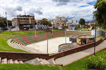 Tunja, Boyaca - Colombia. May 8, 2025. Santander Park is divided into two parts: the upper part with leafy trees and pedestrian areas for recreational activities