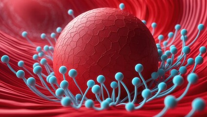Abstract red sphere surrounded by blue molecular structures on a textured red background