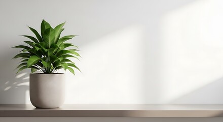 Fototapeta premium Potted Green Plant on Shelf Against Wall with Sunlight