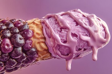 Obraz premium Close-up of a vibrant purple ice cream cone topped with a cascade of melted purple sauce, with a cluster of dark purple berries.