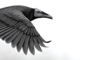 A close-up view of a vulture in flight, detailed rendering in grayscale, against a plain white background