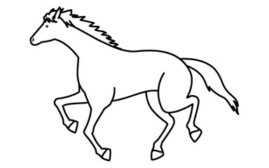 走る馬のシンプルな線画、白黒のベクターイラスト
