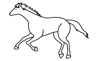 走る馬のシンプルな線画、白黒のベクターイラスト