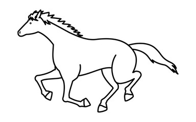 走る馬のシンプルな線画、白黒のベクターイラスト