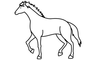 歩く馬のシンプルな線画、白黒のベクターイラスト