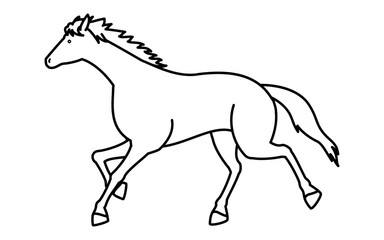 走る馬のシンプルな線画、白黒のベクターイラスト