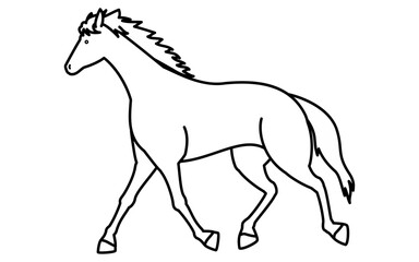 歩く馬のシンプルな線画、白黒のベクターイラスト
