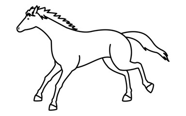 走る馬のシンプルな線画、白黒のベクターイラスト