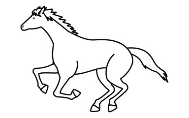 走る馬のシンプルな線画、白黒のベクターイラスト