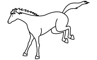 ジャンプして着地する馬のシンプルな線画、白黒のベクターイラスト