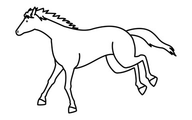 走る馬のシンプルな線画、白黒のベクターイラスト
