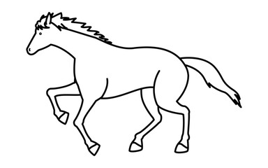 走る馬のシンプルな線画、白黒のベクターイラスト