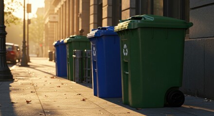 A row of recycling bins in varying colors sits along a sunlit street. The scene is illuminated by a warm light creating striking shadows with a selective focus.