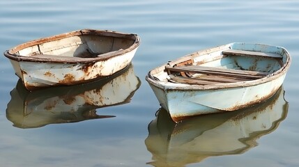 Obraz premium Two Rustic Wooden Rowboats on Calm Water