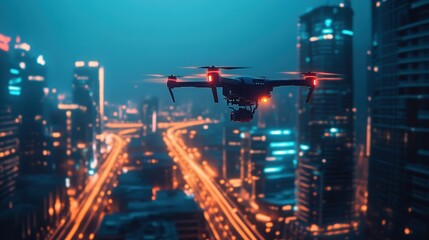 Fototapeta premium Drones capturing urban nightlife over glowing cityscape during evening hours