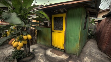 Fototapeta premium Vibrant Yellow Door Green Hut Tropical Fruit Alleyway