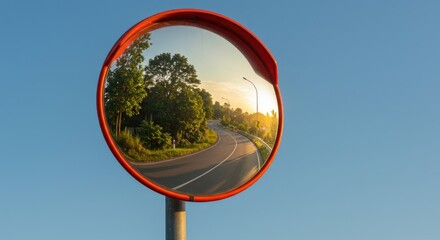 A convex traffic mirror reflects a winding road and lush greenery under a clear blue sky during sunset. The circular mirror captures the warm light and surrounding landscape.