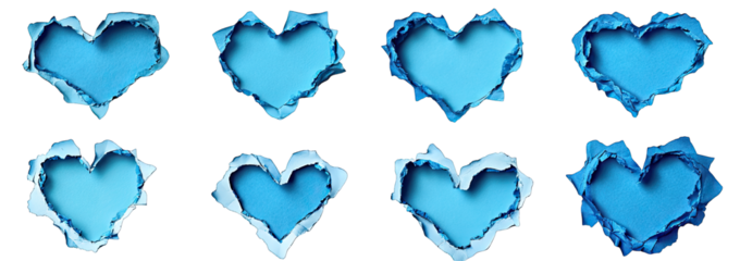 Torn Paper Heart Shapes Set Eight Ripped Heart Shape Holes In Blue Paper With Transparent Background