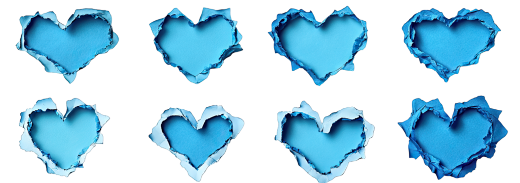 Torn Paper Heart Shapes Set Eight Ripped Heart Shape Holes In Blue Paper With Transparent Background