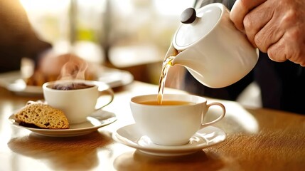 Fototapeta premium Pouring Hot Tea into Cup with Biscuits Cafe Scene