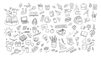 Back to school and education doodle elements. Vector illustration in line with black background © tri winarno