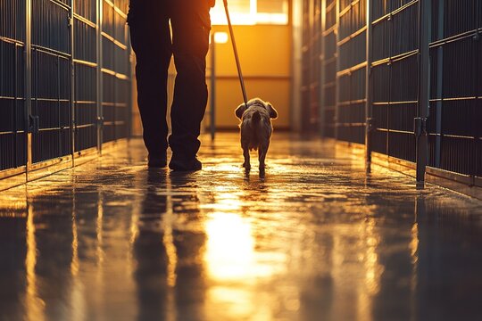 Shelter dog walks with rescuer