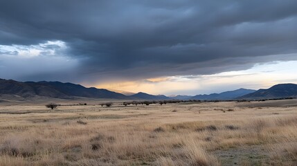 Naklejka premium Dramatic Sunset Over Golden Grassland and Mountains