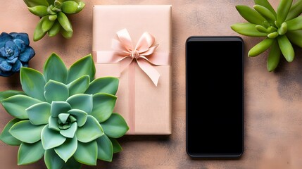 Gift Box Succulents Smartphone Flatlay Brown Background