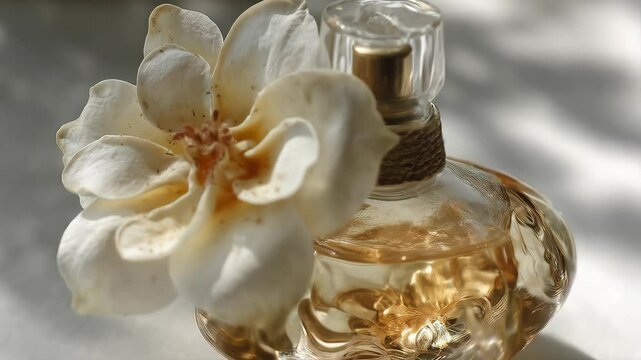 Elegant glass perfume bottle with golden liquid and white flower resting on table surface with soft natural light
