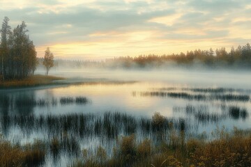 Fototapeta premium Calm lake at dawn with mist rising over still water surrounded by autumn trees and tall grasses under a cloudy sky