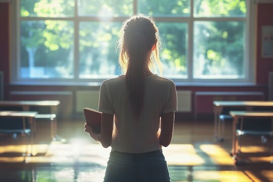 Student stands in sunlit classroom